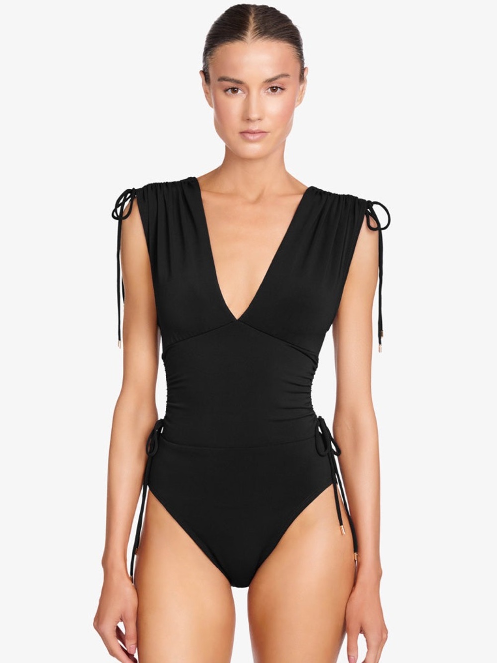 Robin Piccone Black Deep V Tie-Shoulder One-Piece Swimsuit